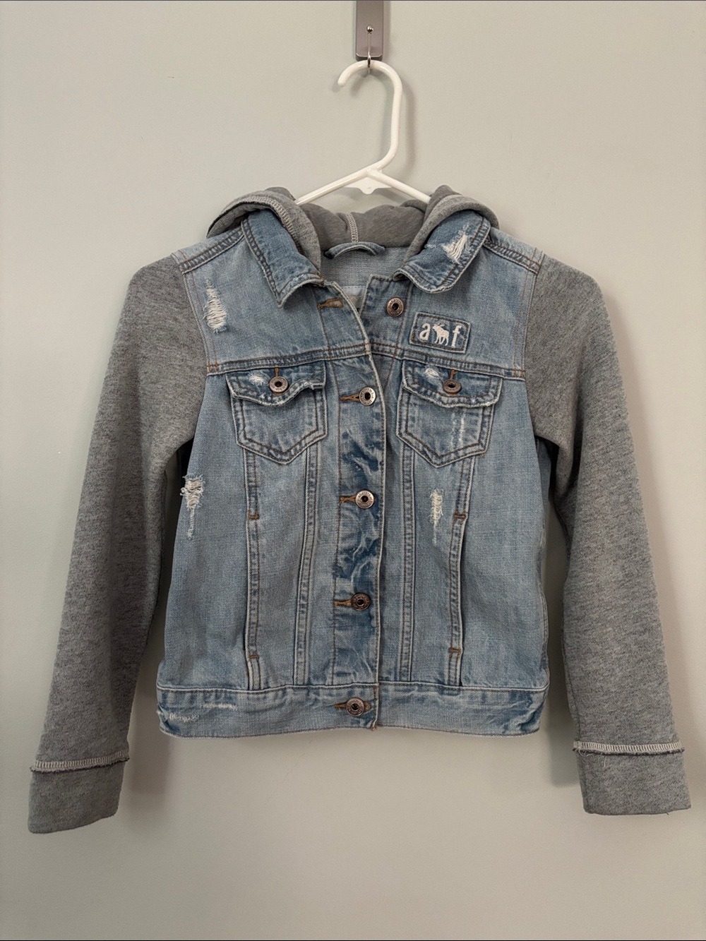 Abercrombie Kids Layered Denim Jacket Hooded Gray Sweatshirt Sleeves 9/10